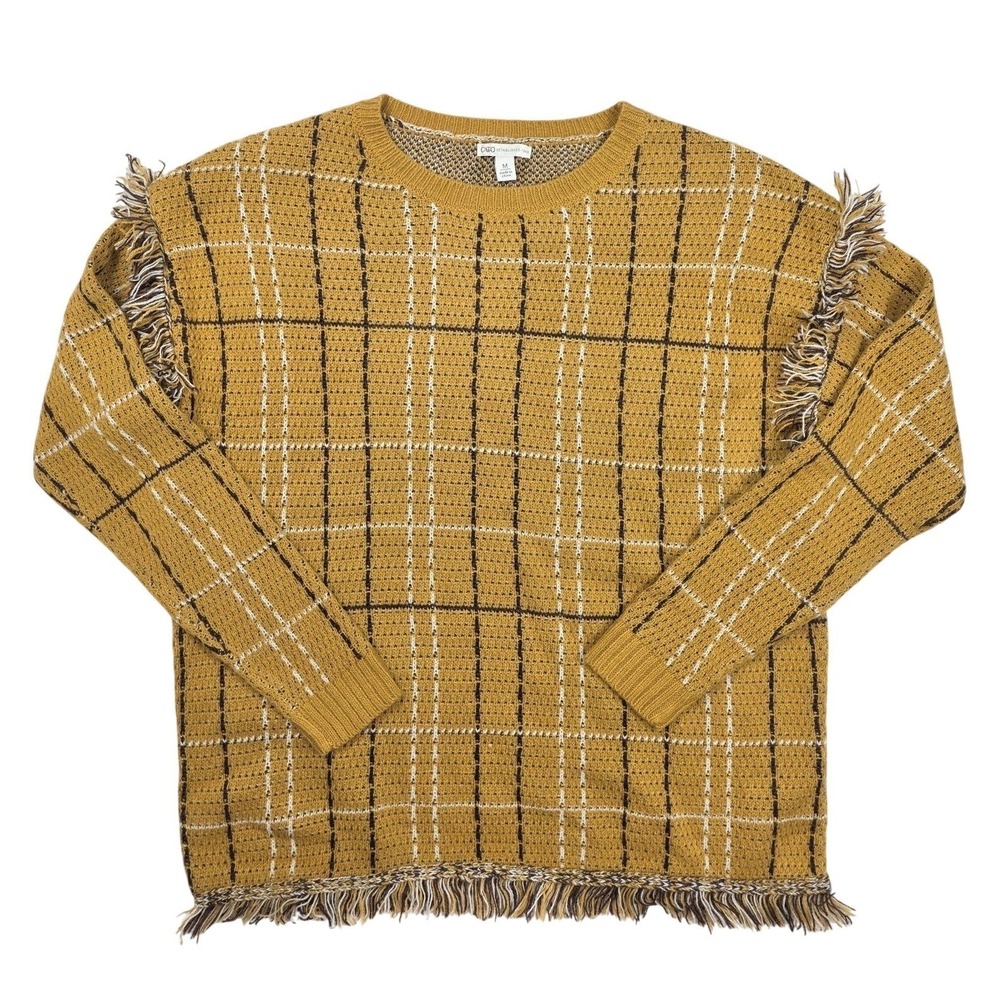 CATO Mustard Yellow Plaid Bohemian Fringe Pullover Vintage Sweater Womens Size M